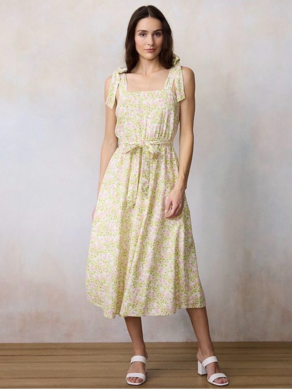 LC Lauren Conrad Tie Strap Tea Length Dress Ivory Lena Grove Floral Green Pink